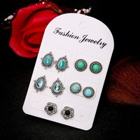 New 5 Pairs Set Earrings European And American Fashion Retro Dazzling Turquoise Gem Earrings Set main image 3