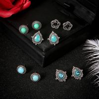 New 5 Pairs Set Earrings European And American Fashion Retro Dazzling Turquoise Gem Earrings Set main image 6