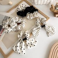 Autumn And Winter Head Rope Black And White Wave Dot Stitching Pearl Hair Ring Korean Satin Bow Hair Ring main image 3