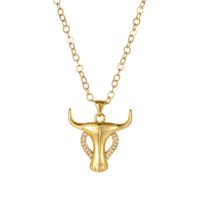 Copper Inlaid Zircon Animal Bull Head Pendant Golden Necklace Men's Hip Hop Jewelry Wholesale main image 6