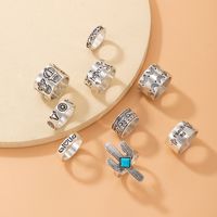 European And American Imitation Blue Turquoise Cactus Ring Nine-piece Letter Bull Head Ring Set main image 4