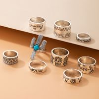 European And American Imitation Blue Turquoise Cactus Ring Nine-piece Letter Bull Head Ring Set main image 5