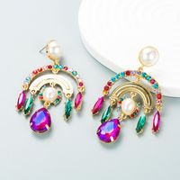 Fashion Color Diamond Series Multi-layer Arch Alloy Diamond Inlaid Pearl Earrings Exaggerated Earrings main image 3