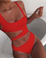 New Solid Color One-piece Swimsuit Printed Swimsuit Bikini Female Hollow Swimsuit sku image 11