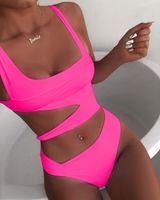 New Solid Color One-piece Swimsuit Printed Swimsuit Bikini Female Hollow Swimsuit sku image 17