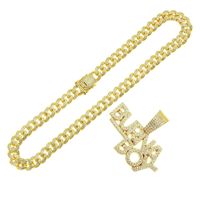 Fashion Full Of Diamond Stitching Letter Pendant Cuban Chain Necklace main image 6