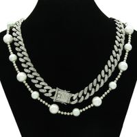 Fashion Hip Hop Metal Cuban Necklace Thick Pearl Full Diamond Alloy Necklace main image 3