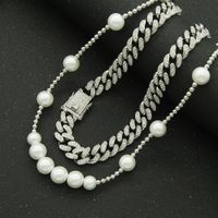 Fashion Hip Hop Metal Cuban Necklace Thick Pearl Full Diamond Alloy Necklace main image 4