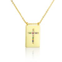 Fashion Tag Cross Pendant Gold Plated Inlaid Zirconium Square Tag Copper Necklace main image 6
