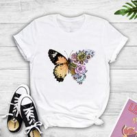 Round Neck Stitching Flower Butterfly Print Short-sleeved T-shirt main image 1