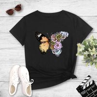 Round Neck Stitching Flower Butterfly Print Short-sleeved T-shirt main image 3