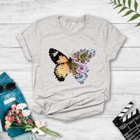 Round Neck Stitching Flower Butterfly Print Short-sleeved T-shirt main image 4