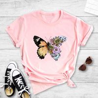 Round Neck Stitching Flower Butterfly Print Short-sleeved T-shirt main image 6