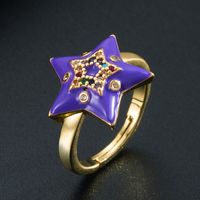 Fashion Creative Copper Gold-plated Micro-inlaid Color Zircon Five-pointed Star Adjustable Ring sku image 3