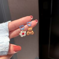 Korean Flower Trace Bear New Cartoon Heart Flower Cute Earring Female main image 6