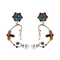 European And American Fashion Trendy Irregular Alloy Rhinestone Pearl Earrings Flower Flower Symmetrical Female Earrings Cross-border Hot Sale sku image 1