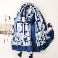 Retro Ethnic Style Blue And White Porcelain Square Circle Silk Scarf Long Braids Scarf main image 2