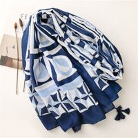 Retro Ethnic Style Blue And White Porcelain Square Circle Silk Scarf Long Braids Scarf main image 4