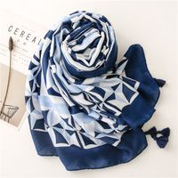 Retro Ethnic Style Blue And White Porcelain Square Circle Silk Scarf Long Braids Scarf main image 5