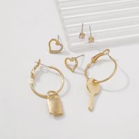European And American Simple Key Lock Love Asymmetrical Micro-inlaid Temperament Earrings main image 3