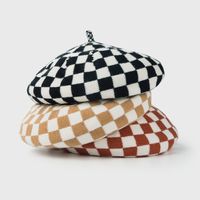 New Internet Celebrity Chessboard Plaid Beret Women's Autumn And Winter Thermal Knitting Wool Hat Korean Style Fashionable Stylish Painter Cap main image 1