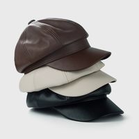 Pu Leather Hat Flat Top Navy Hat Painter Solid Color Cap main image 3