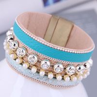 Fashion Versatile Rhinestone Pearl Leather Temperament Wide Magnetic Buckle Bracelet main image 2