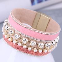 Fashion Versatile Rhinestone Pearl Leather Temperament Wide Magnetic Buckle Bracelet sku image 2