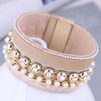 Fashion Versatile Rhinestone Pearl Leather Temperament Wide Magnetic Buckle Bracelet sku image 3