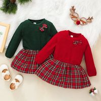 3-color New Autumn Long-sleeved Round Neck Lattice Bow Stitching Christmas Girls Dress main image 1
