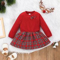 3-color New Autumn Long-sleeved Round Neck Lattice Bow Stitching Christmas Girls Dress main image 6