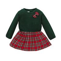 3-color New Autumn Long-sleeved Round Neck Lattice Bow Stitching Christmas Girls Dress main image 3