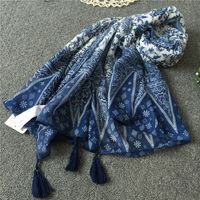 New Retro Ethnic Style Travel Silk Scarf Artistic Fresh Encryption Voile Blue And White Porcelain Tassel Scarf Shawl sku image 1