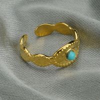 European And American Turquoise Open Retro Irregular Texture Trend Stainless Steel Ring main image 5