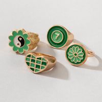 Simple Fashion Green Hit Color Tai Chi Flower Grid Heart Number 7 Drops Oil Ring 4-piece Set main image 3