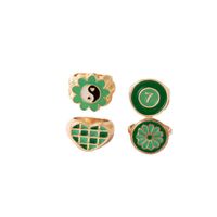 Simple Fashion Green Hit Color Tai Chi Flower Grid Heart Number 7 Drops Oil Ring 4-piece Set main image 6