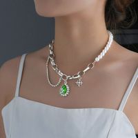 European And American New Trend Inlaid Gemstone Clavicle Chain Green Water Drop Chain Stitching Necklace main image 1