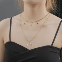 Trend Round Brand Moon Cross Black Rice Bead Double Necklace Simple 14k Gold Titanium Steel Clavicle Chain main image 2