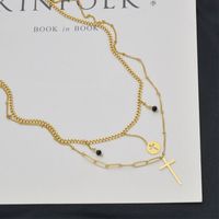 Trend Round Brand Moon Cross Black Rice Bead Double Necklace Simple 14k Gold Titanium Steel Clavicle Chain main image 5