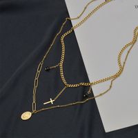 Trend Round Brand Moon Cross Black Rice Bead Double Necklace Simple 14k Gold Titanium Steel Clavicle Chain main image 4