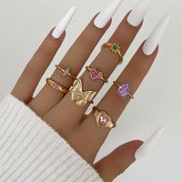 Foreign Trade Creative Design Personality Fashion Butterfly Pink Love Heart Diamond Six-pointed Star Knuckle Ring Seven-piece main image 2