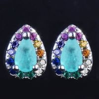 European And American New Personalized Fashion Inlaid Colorful Crystals Stud Earrings Colorful Zircon Lake Water Green Color Paraiba Pear-shaped Stud Earrings main image 1