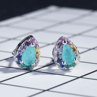 European And American New Personalized Fashion Inlaid Colorful Crystals Stud Earrings Colorful Zircon Lake Water Green Color Paraiba Pear-shaped Stud Earrings main image 5