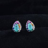 European And American New Personalized Fashion Inlaid Colorful Crystals Stud Earrings Colorful Zircon Lake Water Green Color Paraiba Pear-shaped Stud Earrings main image 6