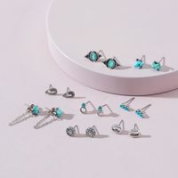 European And American Fashion Jewelry Retro Turquoise Stud Earrings Chain Tassel Earring Set main image 3