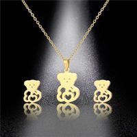 Cute Bear Necklace Earrings Set Clavicle Chain 18k Gold Stainless Steel Necklace Two-piece New Jewelry main image 5