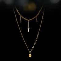 Trend Round Brand Moon Cross Black Rice Bead Double Necklace Simple 14k Gold Titanium Steel Clavicle Chain sku image 1