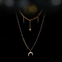 Trend Round Brand Moon Cross Black Rice Bead Double Necklace Simple 14k Gold Titanium Steel Clavicle Chain sku image 2