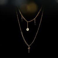 Trend Round Brand Moon Cross Black Rice Bead Double Necklace Simple 14k Gold Titanium Steel Clavicle Chain sku image 3