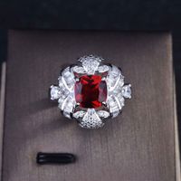 T Square Diamond Imitation Pigeon Blood Ruby Ring Micro-inlaid Diamond Color Treasure Open Ring sku image 1